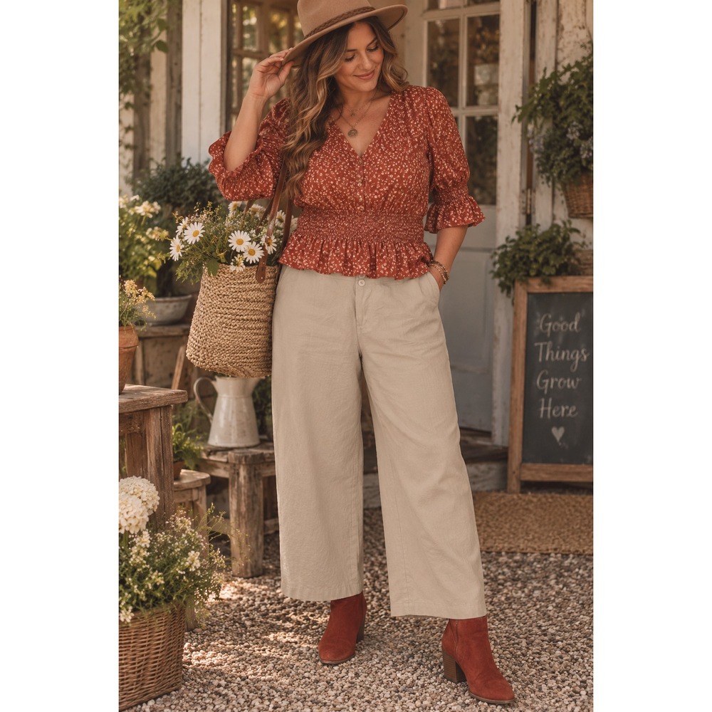 41. XL SET Sienna Sky Rust Floral Peplum Blouse & SHEIN Cream Pants Set Bohemian